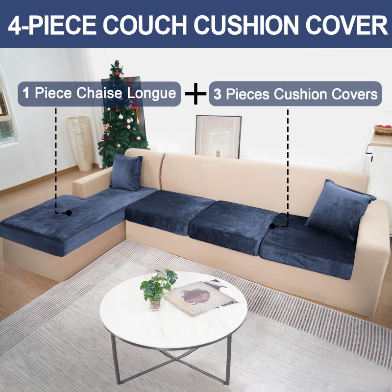 BT.WA Sectional Couch Covers for 4-Piece Seat Cushion Velvet Separate L Shape Couch Cover Stretch Sofa Slipcover with 2 Pieces Pillowcases Furniture Protector (Sofa 3 Seater + 1 Chaise  Navy) - Image 2